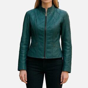 Teal Faux Leather Jacket Trendy Flare Sleeves Women's Lined zip up